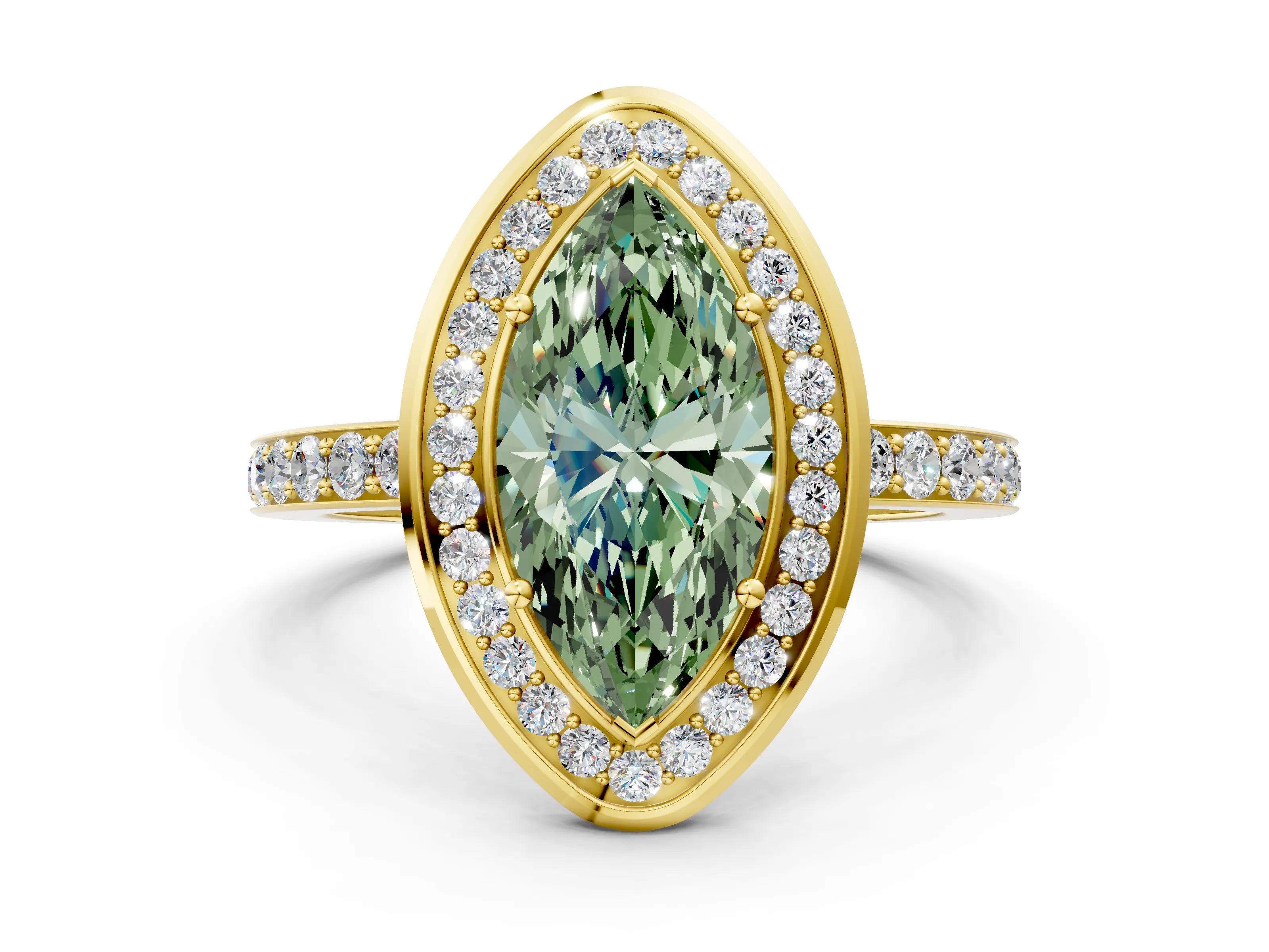 Yellow gold Fancy Green Marquise Cut Diamond Halo Ring with Bezel Frame and Pavé Band