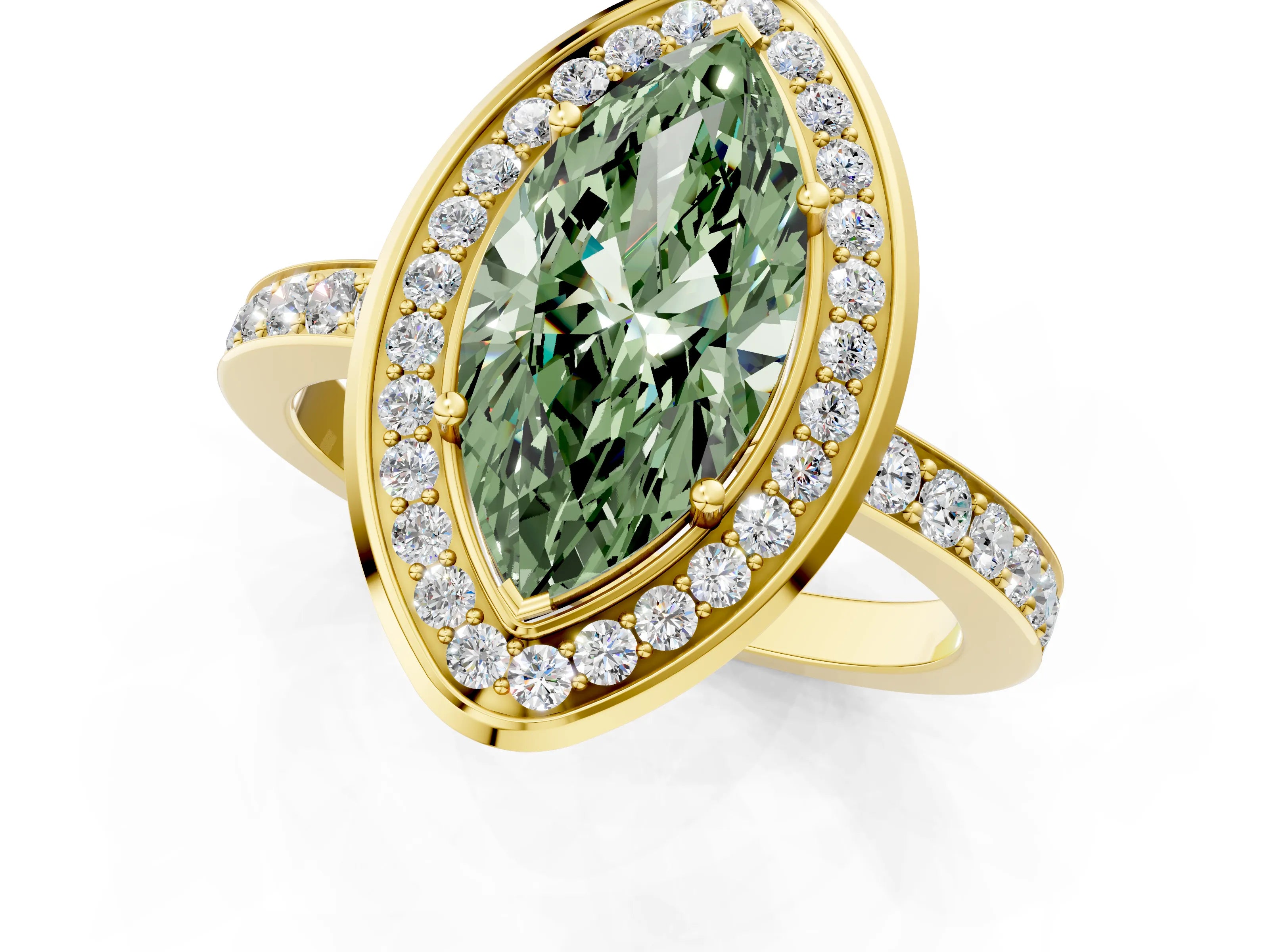 Yellow gold Fancy Green Marquise Cut Diamond Halo Ring with Bezel Frame and Pavé Band_1