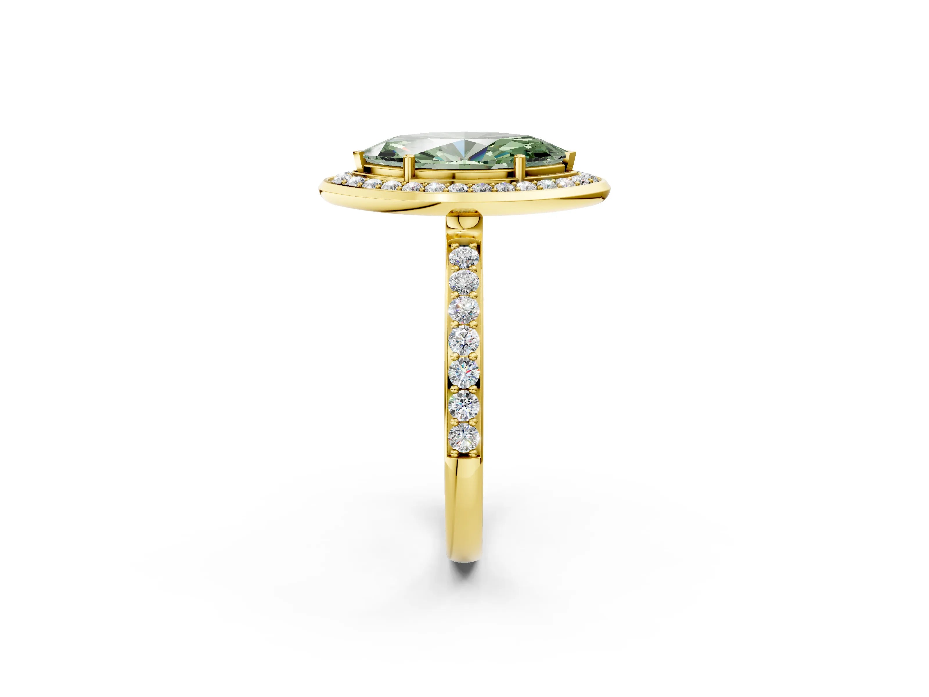 Yellow gold Fancy Green Marquise Cut Diamond Halo Ring with Bezel Frame and Pavé Band_2
