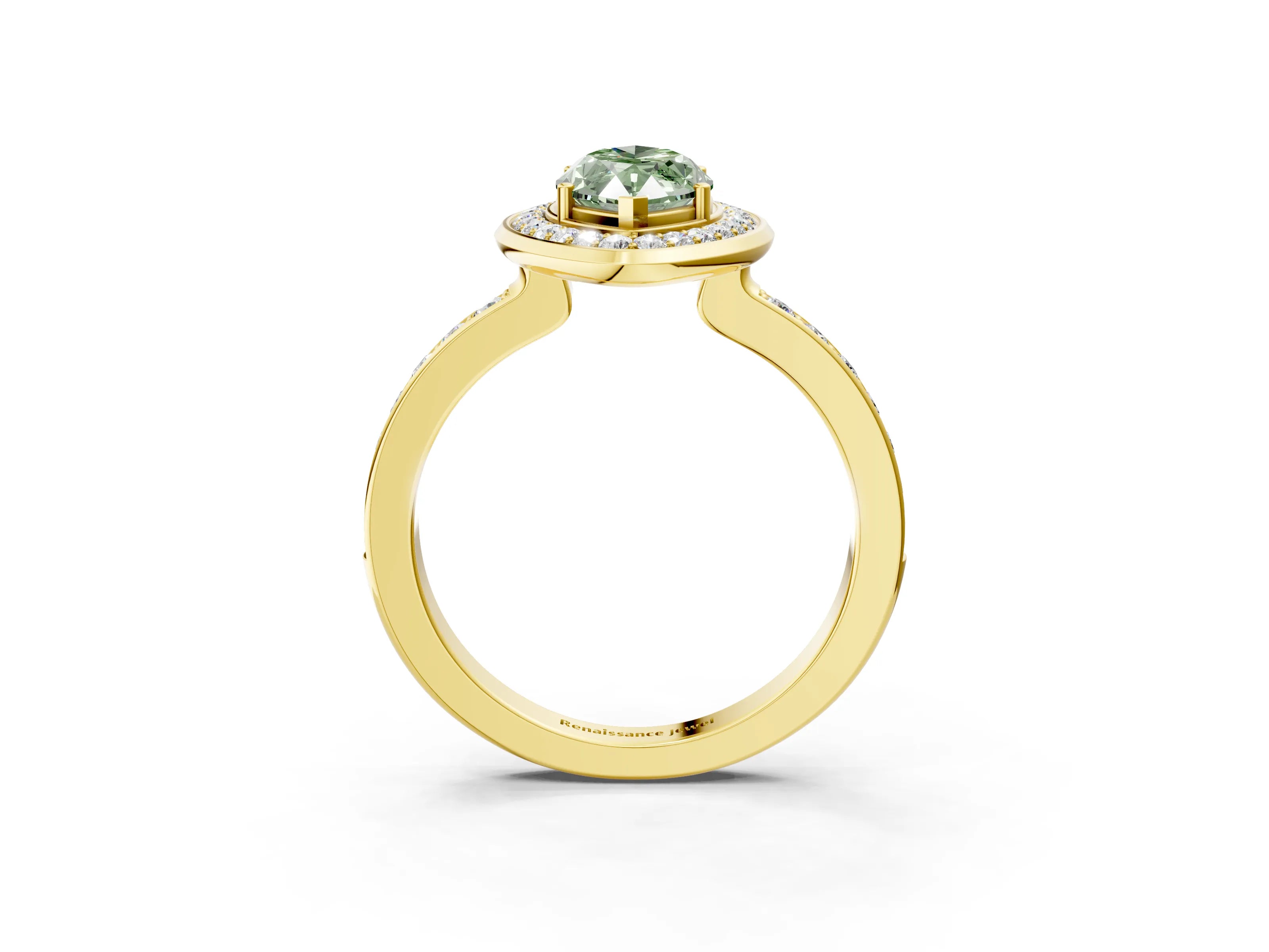 Yellow gold Fancy Green Marquise Cut Diamond Halo Ring with Bezel Frame and Pavé Band_3