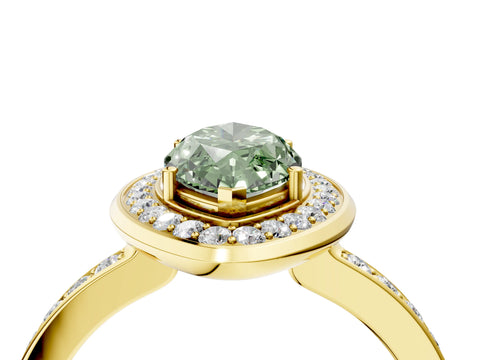 Yellow gold Fancy Green Marquise Cut Diamond Halo Ring with Bezel Frame and Pavé Band_4