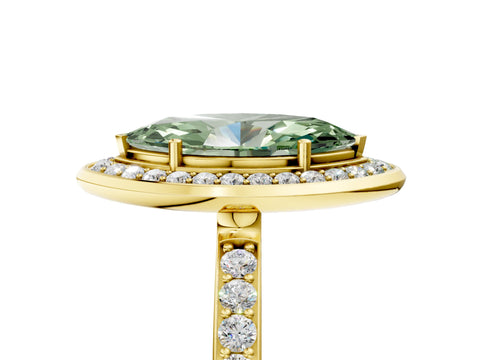 Yellow gold Fancy Green Marquise Cut Diamond Halo Ring with Bezel Frame and Pavé Band_5