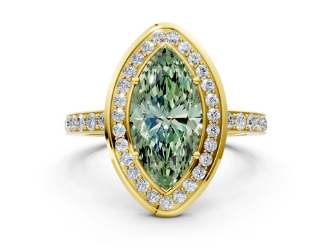 Yellow gold Fancy Green Marquise Cut Diamond Halo Ring with Bezel Frame and Pavé Band