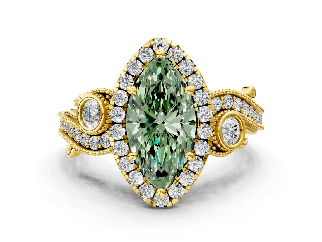 Yellow gold Fancy Green Marquise Cut Diamond Halo Ring with Milgrain Pavé Band and Four-Prong Setting_54