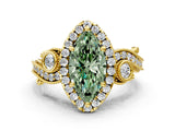 Yellow gold Fancy Green Marquise Cut Diamond Halo Ring with Milgrain Pavé Band and Four-Prong Setting_54