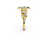 Yellow gold Fancy Green Marquise Cut Diamond Halo Ring with Milgrain Pavé Band and Four-Prong Setting_56