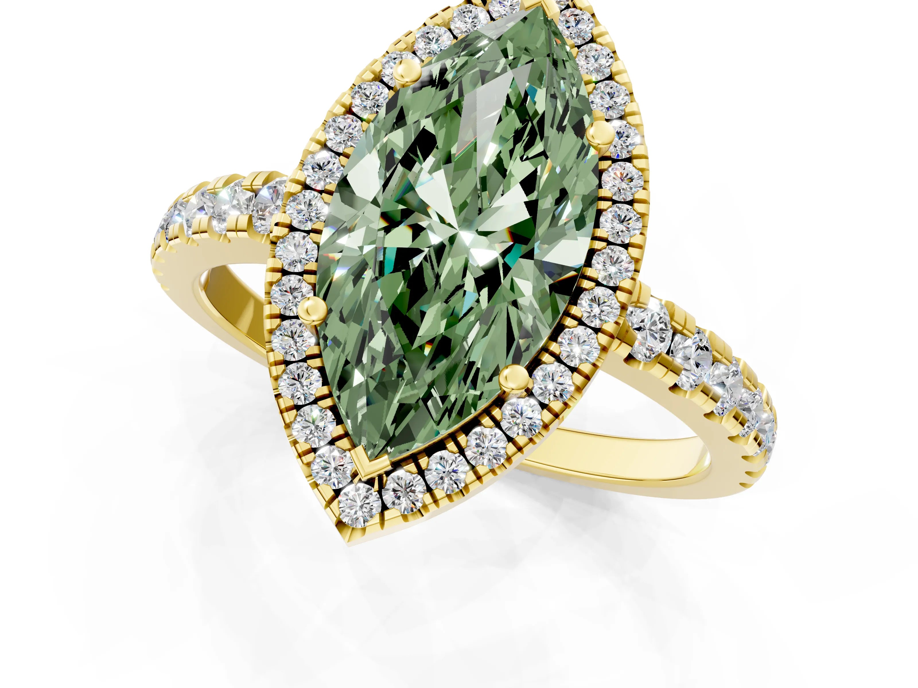Yellow gold Fancy Green Marquise Cut Diamond Halo Ring with Pavé Band and Four-Prong Setting_1