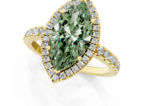 Yellow gold Fancy Green Marquise Cut Diamond Halo Ring with Pavé Band and Four-Prong Setting_1