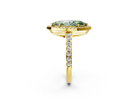 Yellow gold Fancy Green Marquise Cut Diamond Halo Ring with Pavé Band and Four-Prong Setting_2