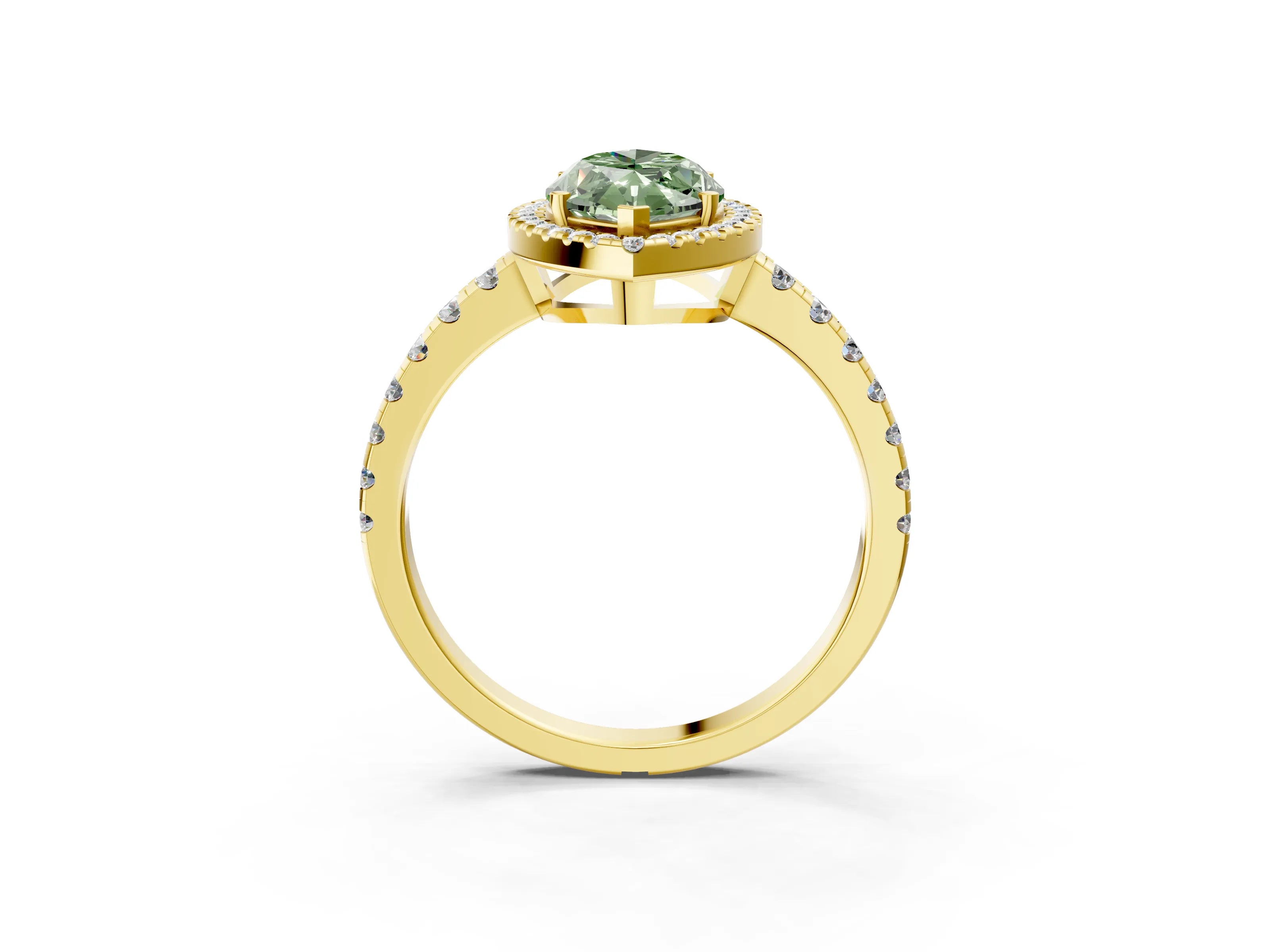 Yellow gold Fancy Green Marquise Cut Diamond Halo Ring with Pavé Band and Four-Prong Setting_3