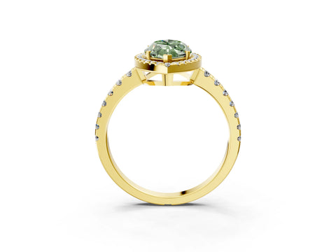 Yellow gold Fancy Green Marquise Cut Diamond Halo Ring with Pavé Band and Four-Prong Setting_3