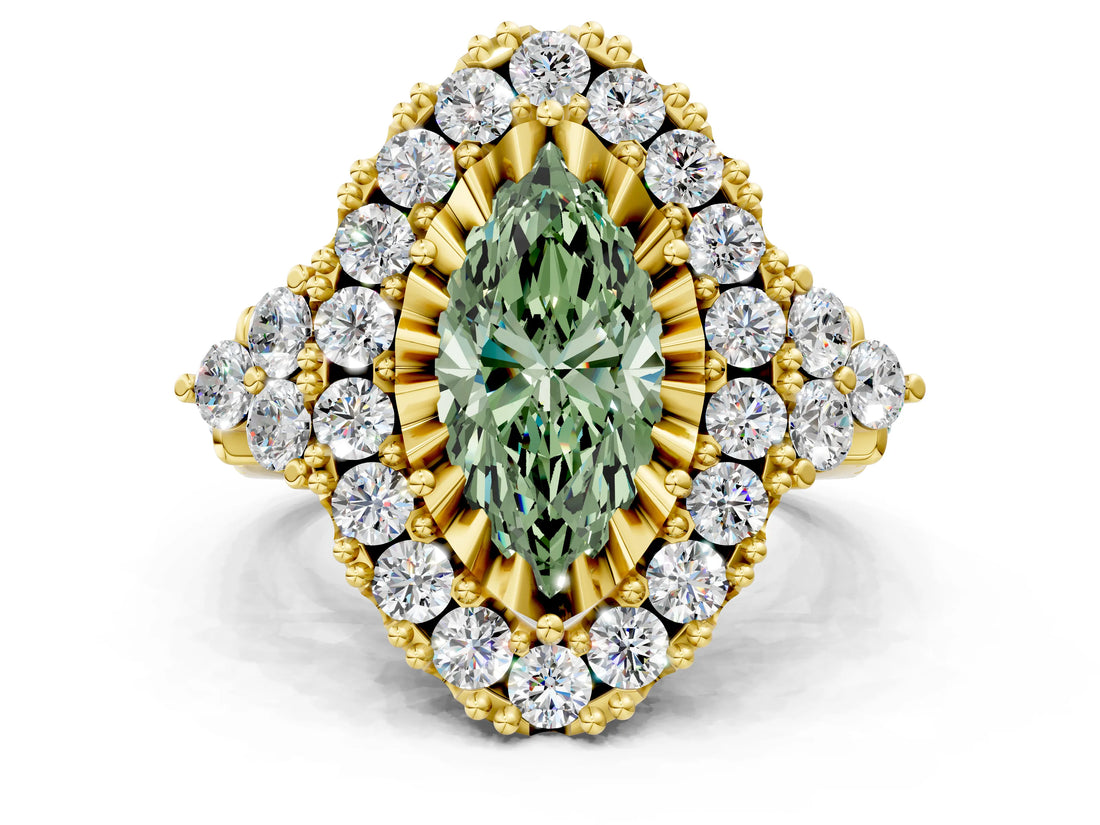 Yellow gold Fancy Green Marquise Cut Diamond Halo Ring with Pavé Band and Four-Prong Setting_58