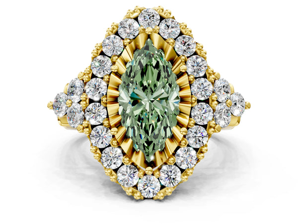 Yellow gold Fancy Green Marquise Cut Diamond Halo Ring with Pavé Band and Four-Prong Setting