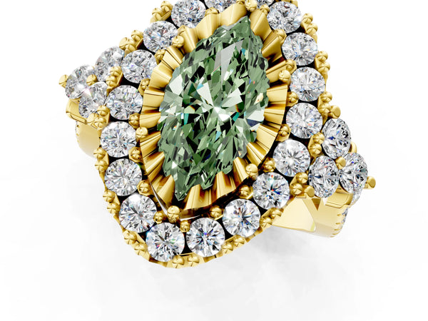 Yellow gold Fancy Green Marquise Cut Diamond Halo Ring with Pavé Band and Four-Prong Setting