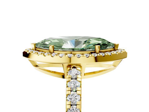 Yellow gold Fancy Green Marquise Cut Diamond Halo Ring with Pavé Band and Four-Prong Setting_5