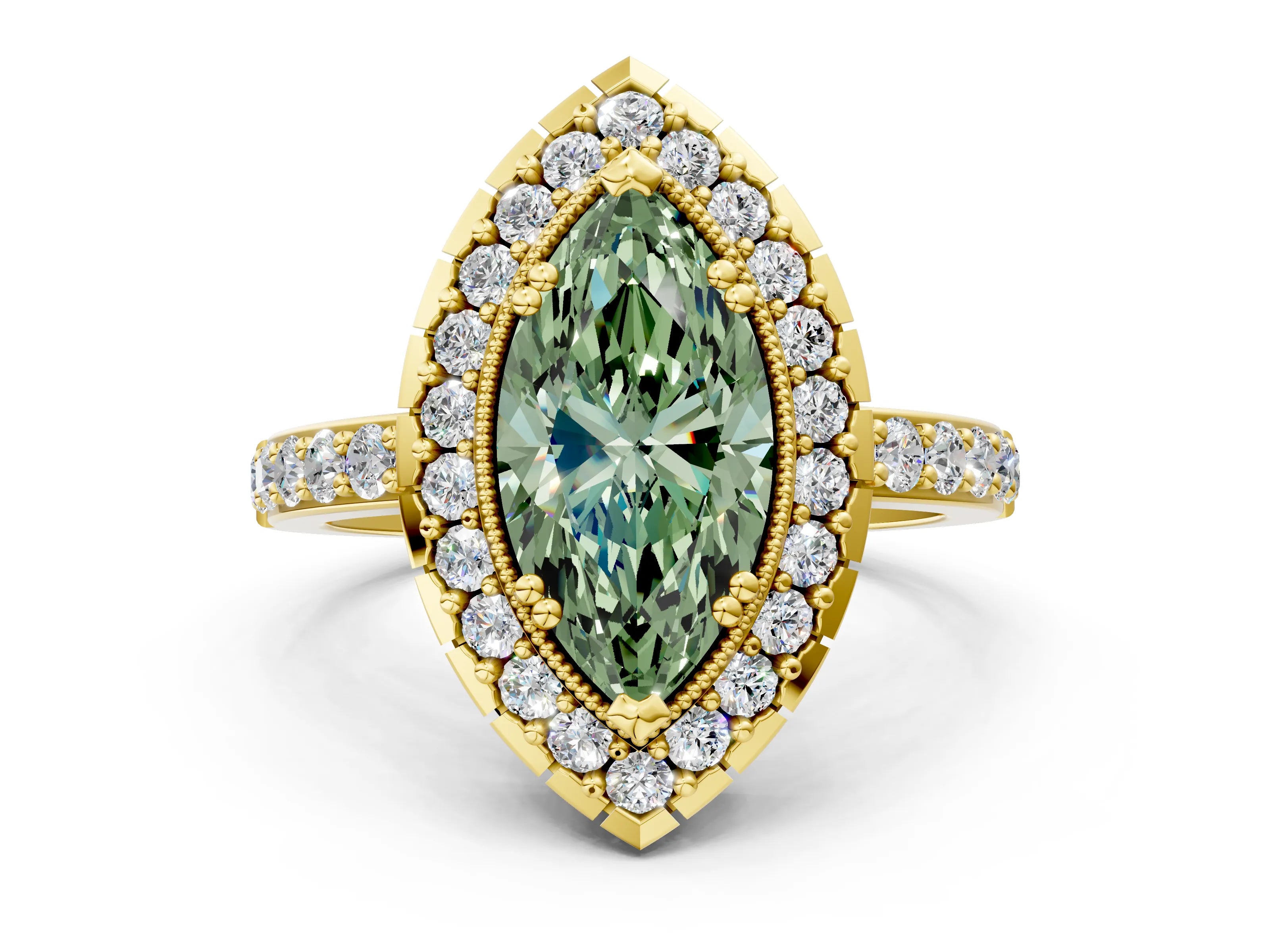 Yellow gold Fancy Green Marquise Cut Diamond Halo Ring with Pavé Band and Prong Setting