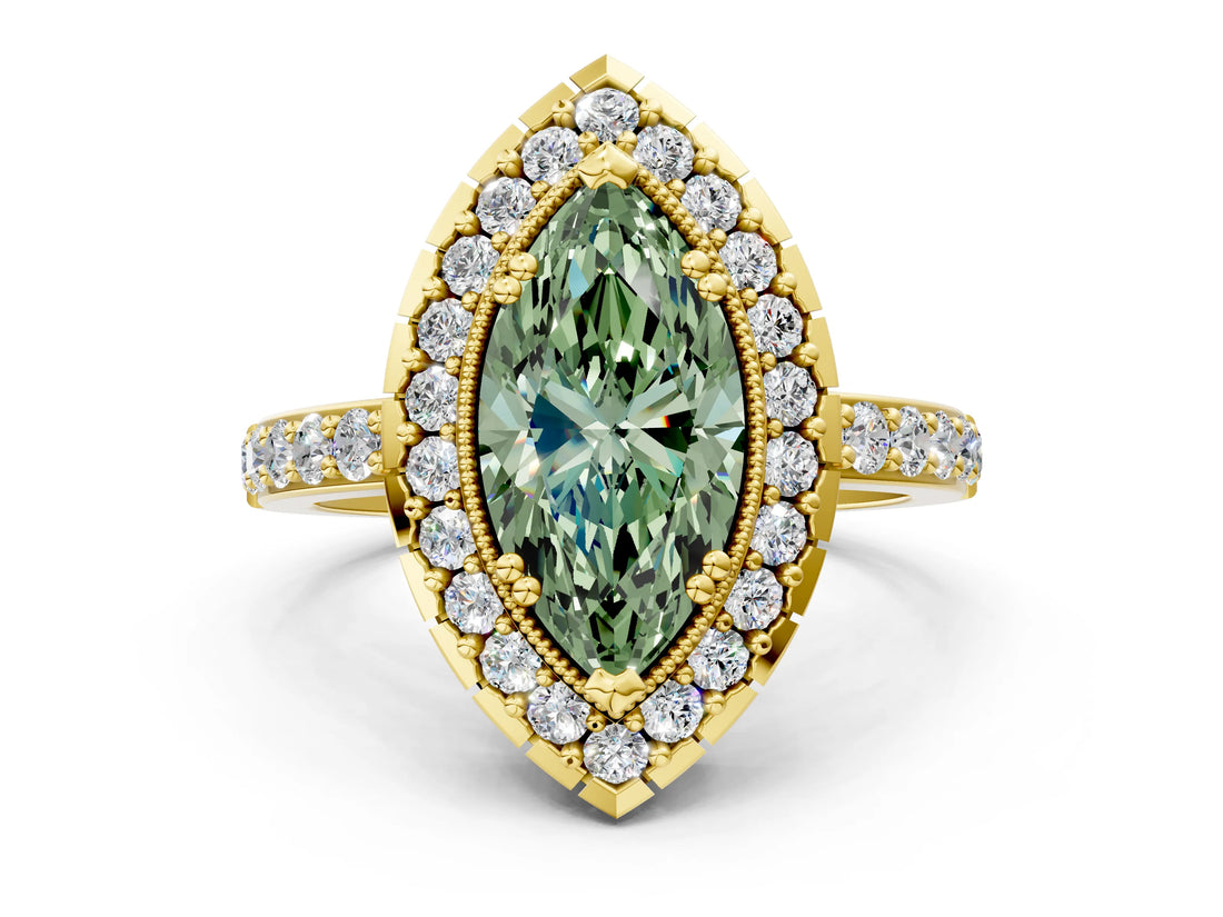 Yellow gold Fancy Green Marquise Cut Diamond Halo Ring with Pavé Band and Prong Setting