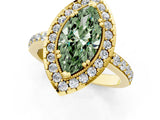 Yellow gold Fancy Green Marquise Cut Diamond Halo Ring with Pavé Band and Prong Setting_1
