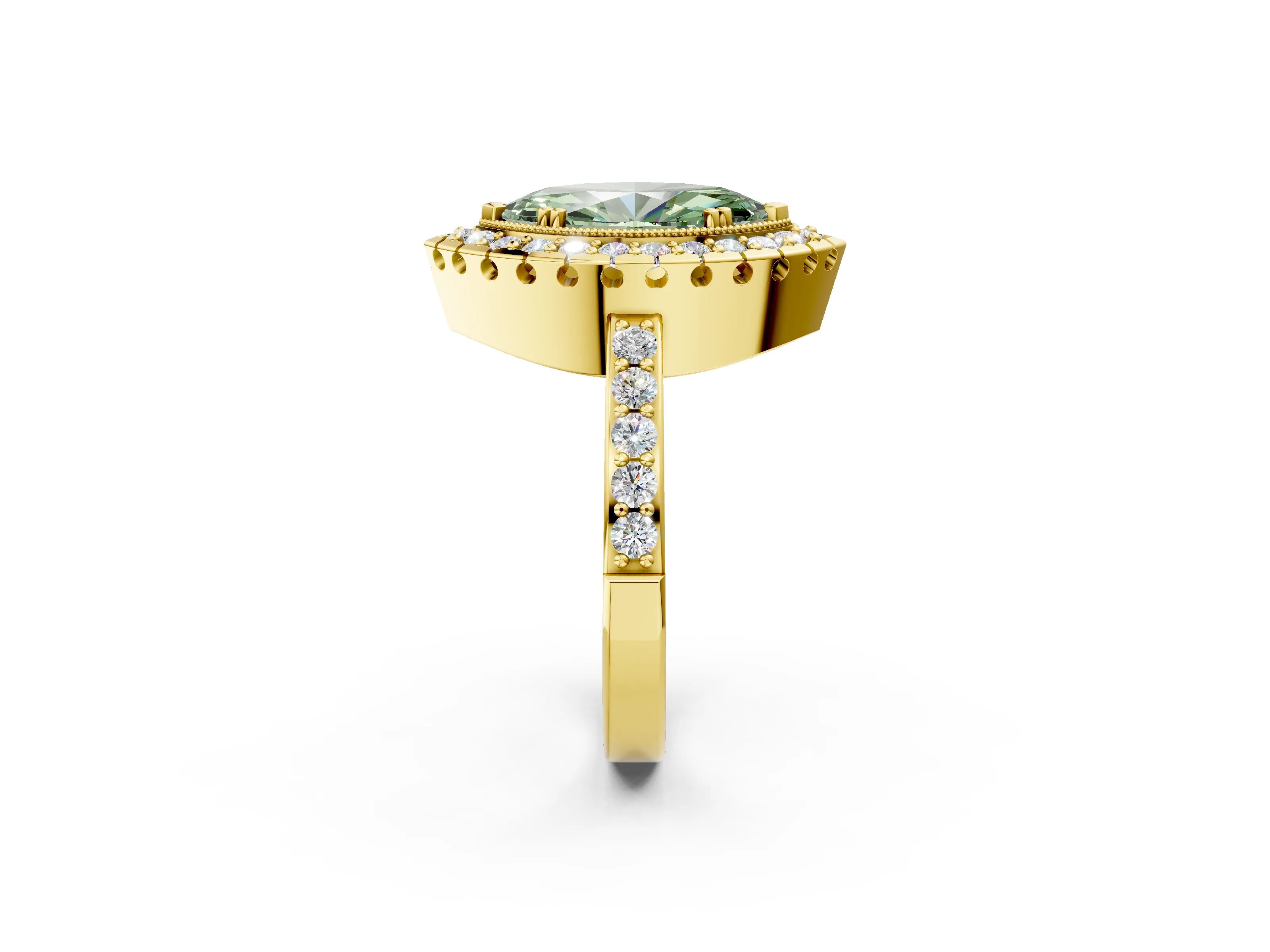 Yellow gold Fancy Green Marquise Cut Diamond Halo Ring with Pavé Band and Prong Setting_2