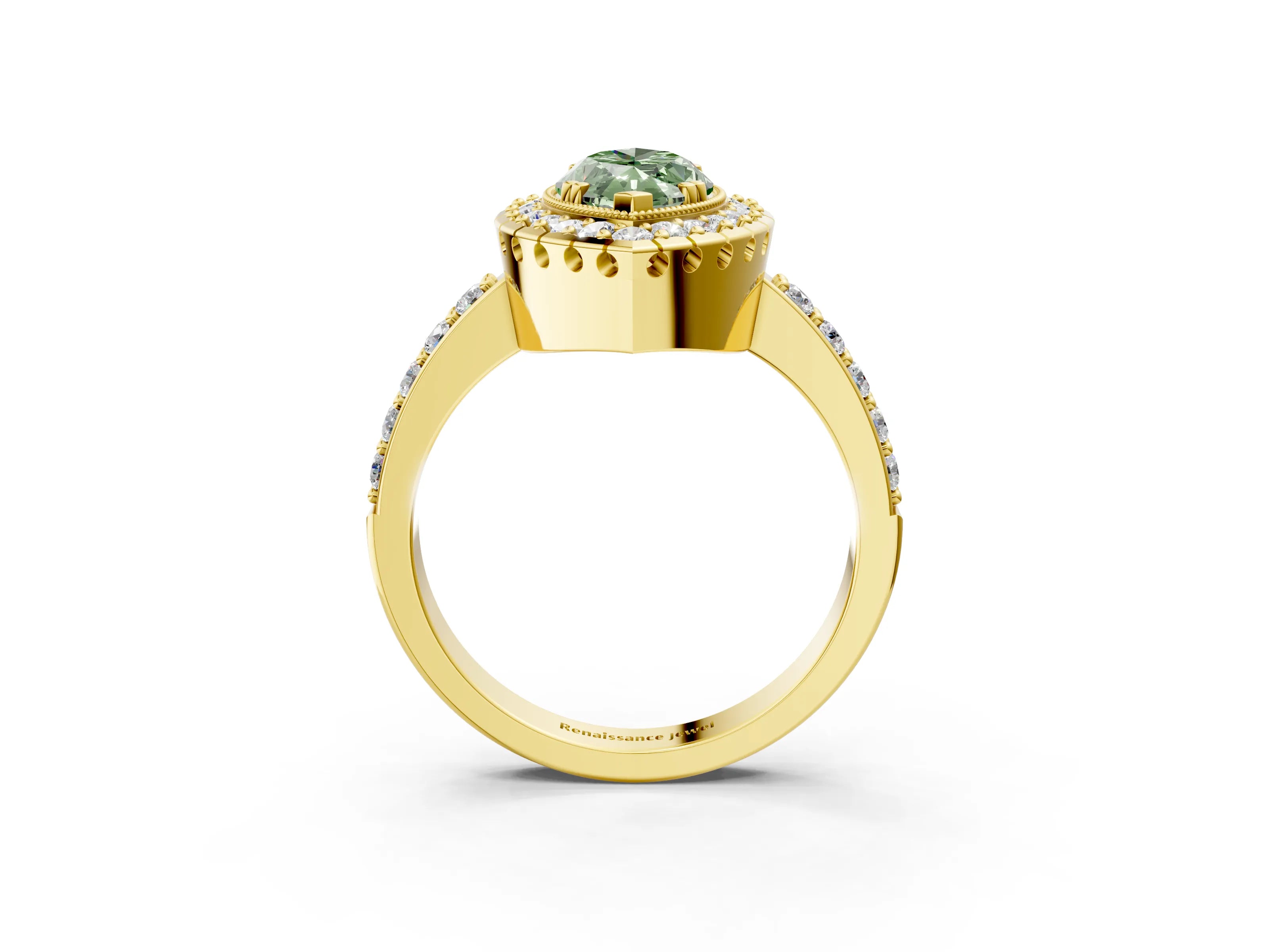 Yellow gold Fancy Green Marquise Cut Diamond Halo Ring with Pavé Band and Prong Setting_3