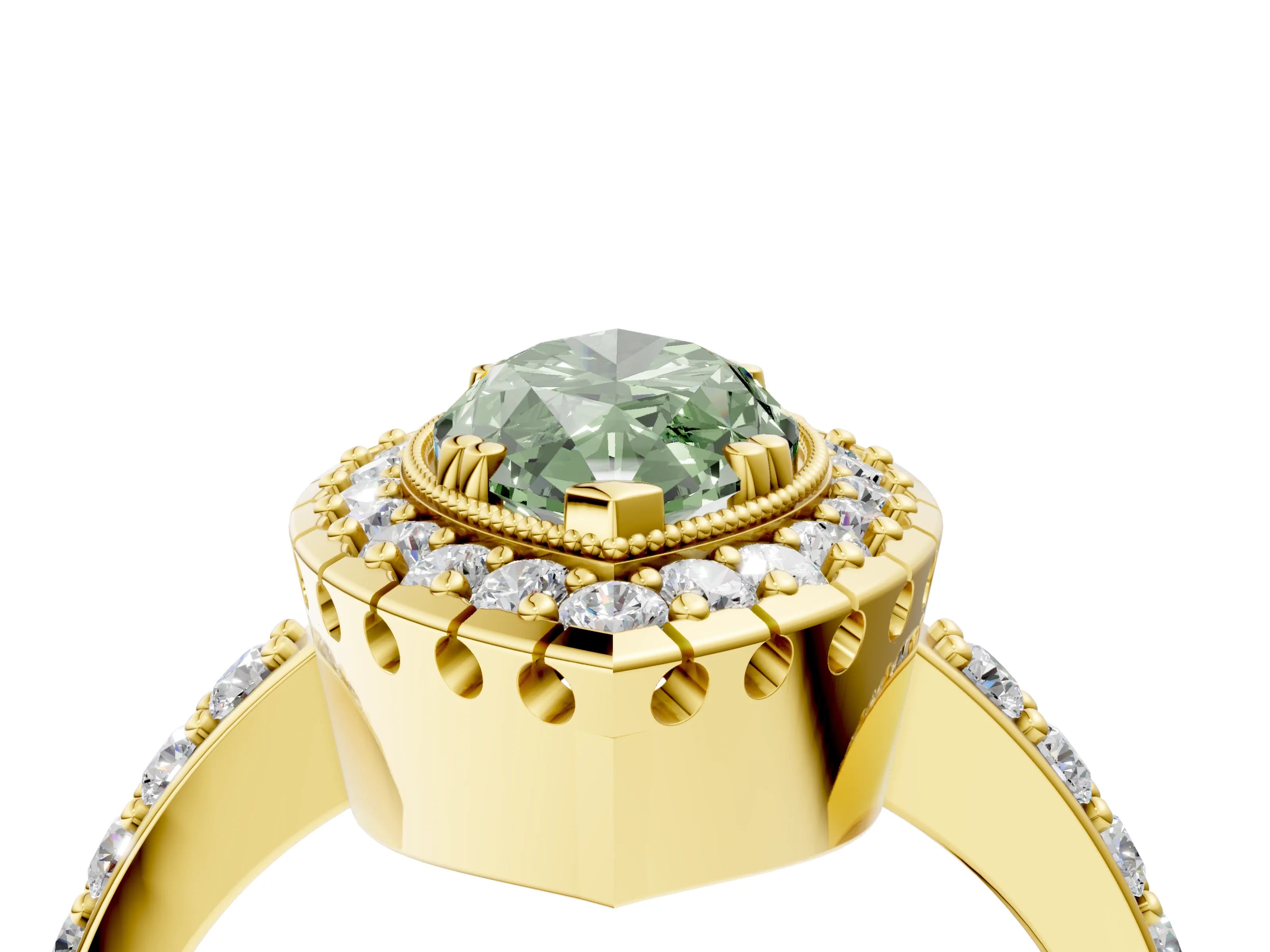 Yellow gold Fancy Green Marquise Cut Diamond Halo Ring with Pavé Band and Prong Setting_4