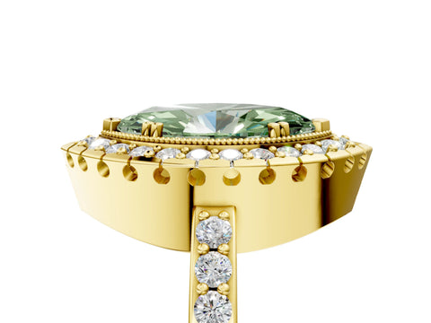 Yellow gold Fancy Green Marquise Cut Diamond Halo Ring with Pavé Band and Prong Setting_5