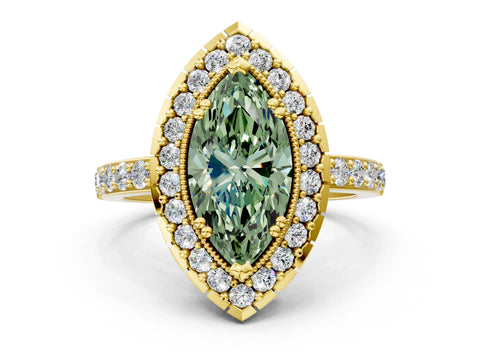 Yellow gold Fancy Green Marquise Cut Diamond Halo Ring with Pavé Band and Prong Setting