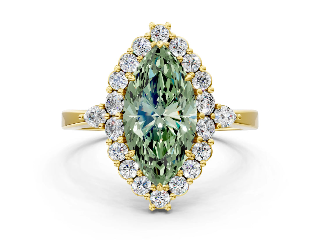 Yellow gold Fancy Green Marquise Cut Diamond Halo Ring with Pear Side Stones and Prong Setting_50