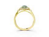 Yellow gold Fancy Green Marquise Cut Diamond Halo Ring with Pear Side Stones and Prong Setting_53