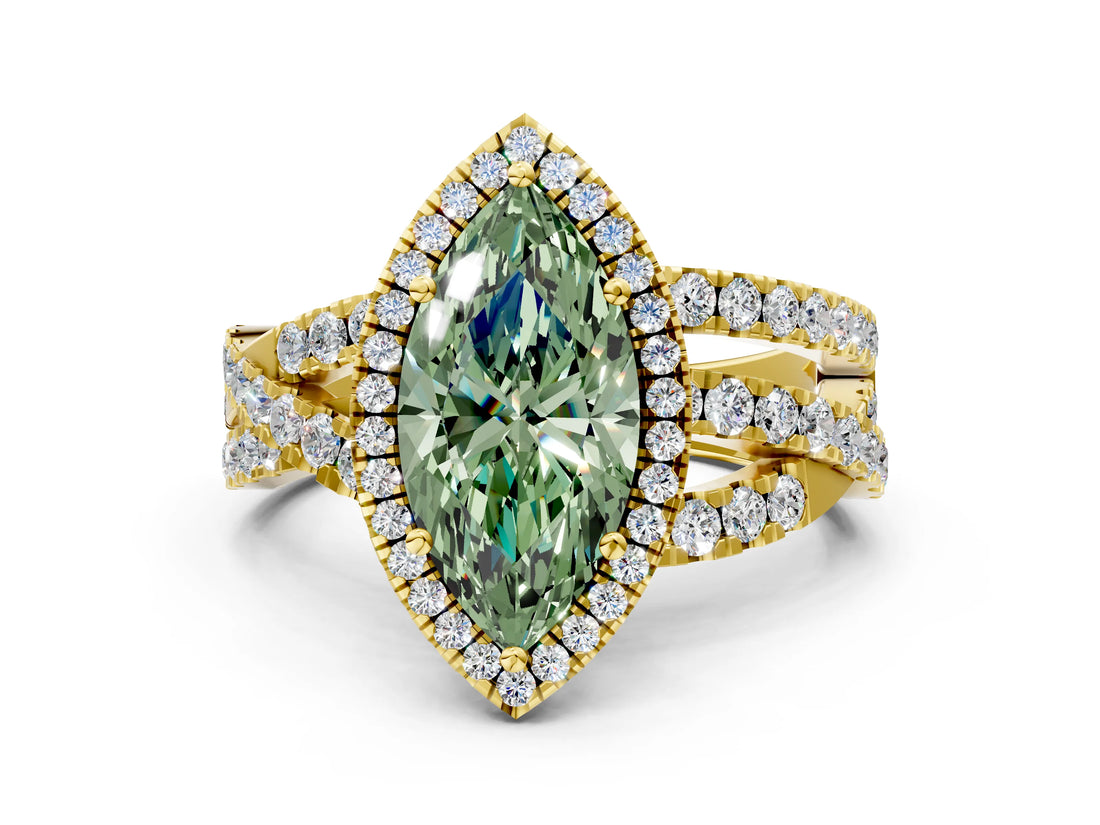 Yellow gold Fancy Green Marquise Cut Diamond Halo Ring with Round Split Shank and Prong Setting_36