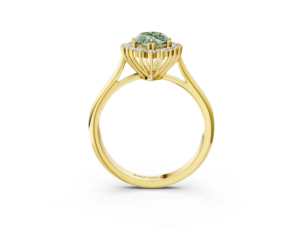 Yellow gold Fancy Green Marquise  Cut Diamond Halo Ring with Solitaire Band and Prong Setting