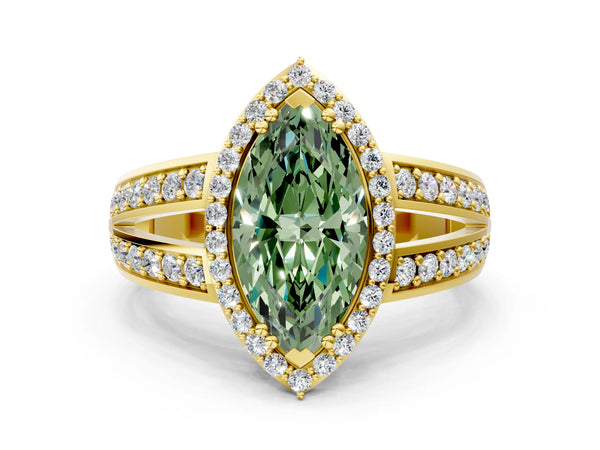 Yellow gold Fancy Green Marquise Cut Diamond Halo Ring with Split Shank Pavé Band and Four-Prong Setting