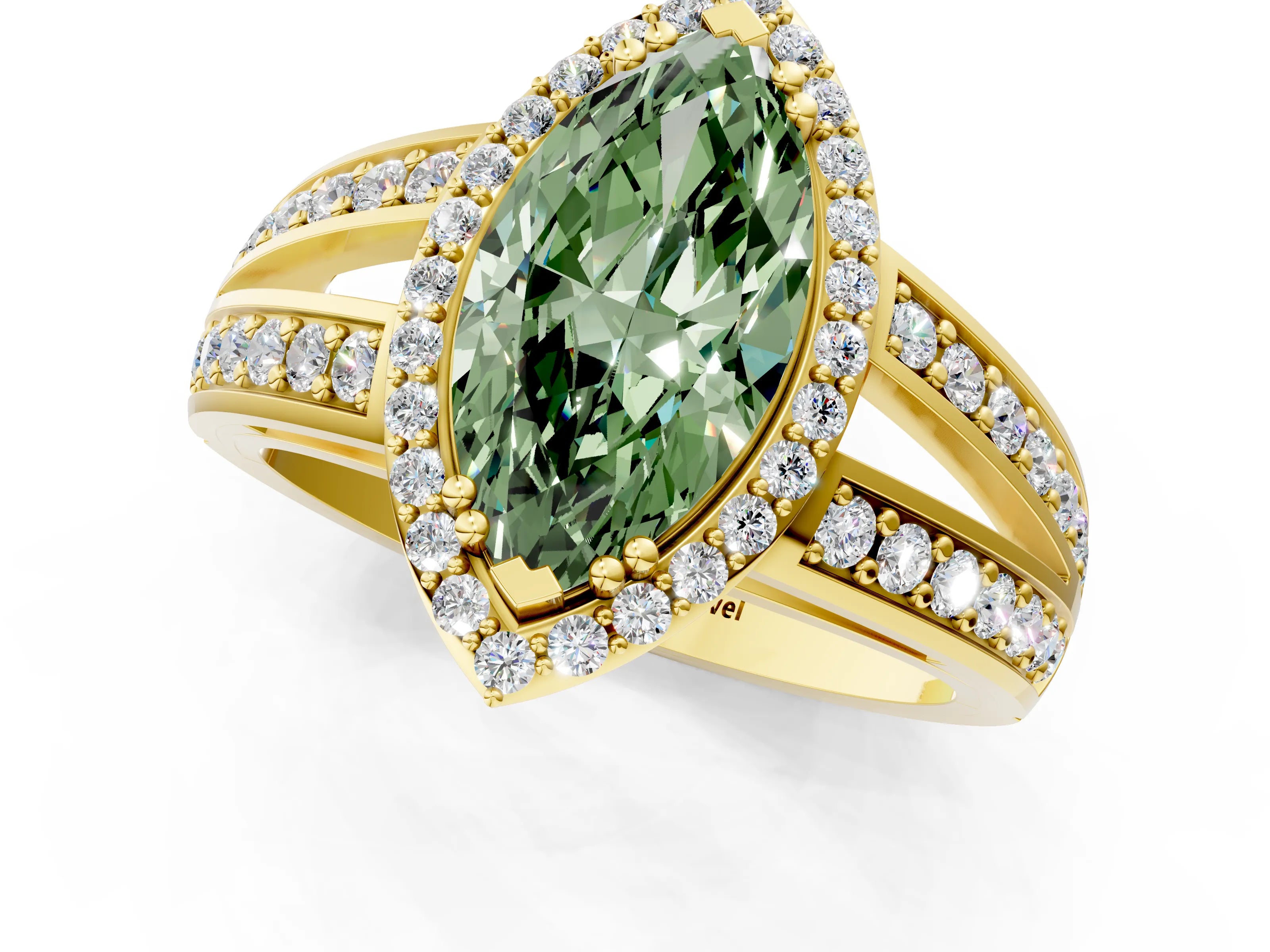 Yellow gold Fancy Green Marquise Cut Diamond Halo Ring with Split Shank Pavé Band and Four-Prong Setting_1