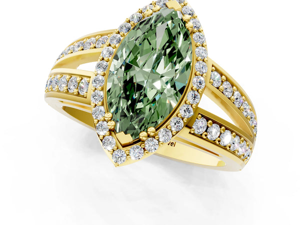 Yellow gold Fancy Green Marquise Cut Diamond Halo Ring with Split Shank Pavé Band and Four-Prong Setting