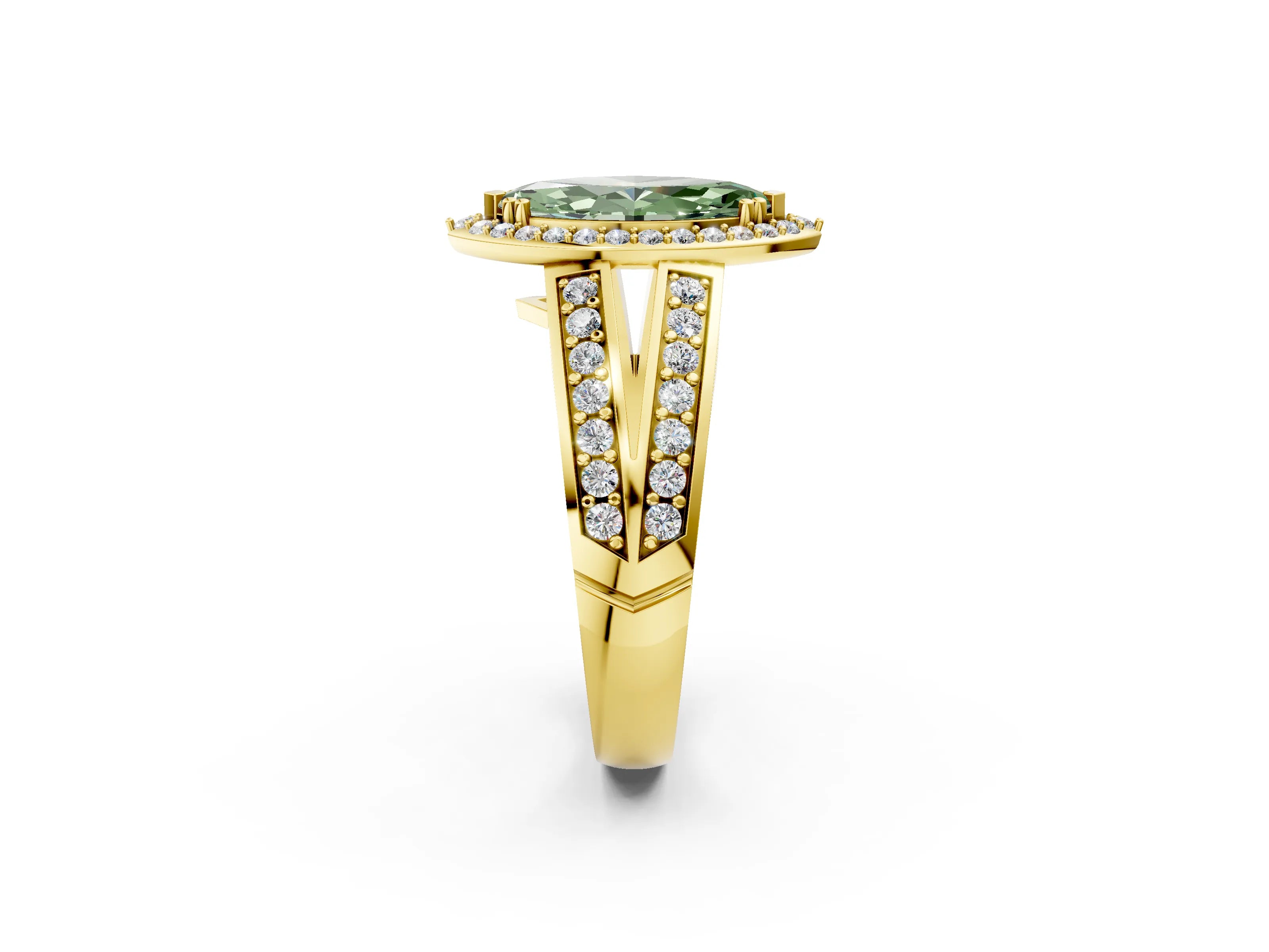 Yellow gold Fancy Green Marquise Cut Diamond Halo Ring with Split Shank Pavé Band and Four-Prong Setting_2
