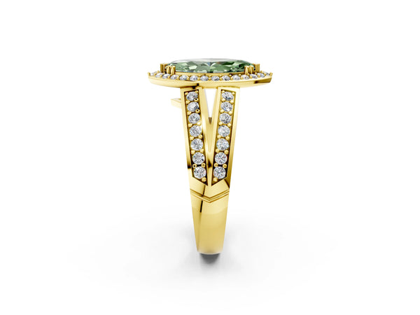 Yellow gold Fancy Green Marquise Cut Diamond Halo Ring with Split Shank Pavé Band and Four-Prong Setting