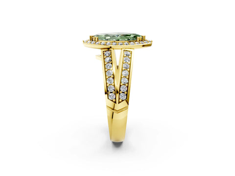 Yellow gold Fancy Green Marquise Cut Diamond Halo Ring with Split Shank Pavé Band and Four-Prong Setting_2