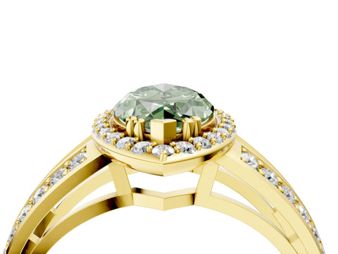 Yellow gold Fancy Green Marquise Cut Diamond Halo Ring with Split Shank Pavé Band and Four-Prong Setting_4