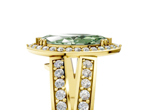 Yellow gold Fancy Green Marquise Cut Diamond Halo Ring with Split Shank Pavé Band and Four-Prong Setting_5