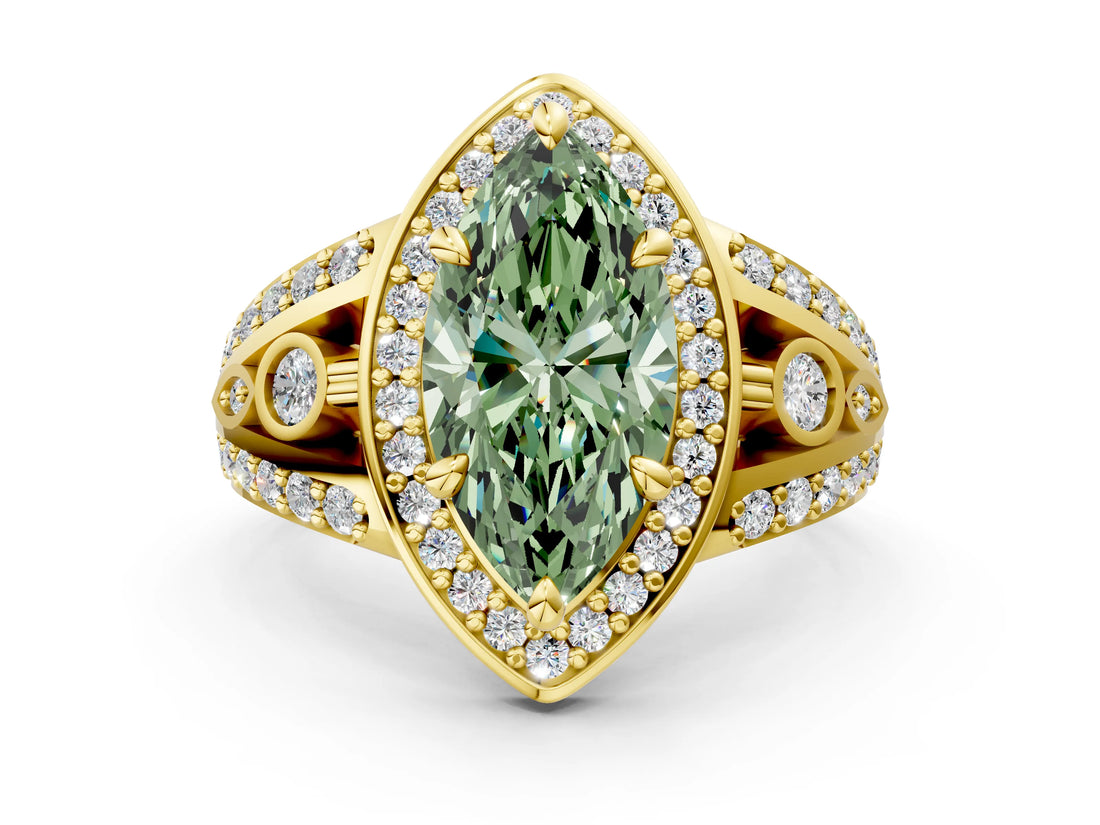 Yellow gold Fancy Green Marquise Cut Diamond Halo Ring with Split Shank and Bezel Accents and Four-Prong Setting