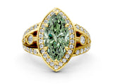 Yellow gold Fancy Green Marquise Cut Diamond Halo Ring with Split Shank and Bezel Accents and Four-Prong Setting