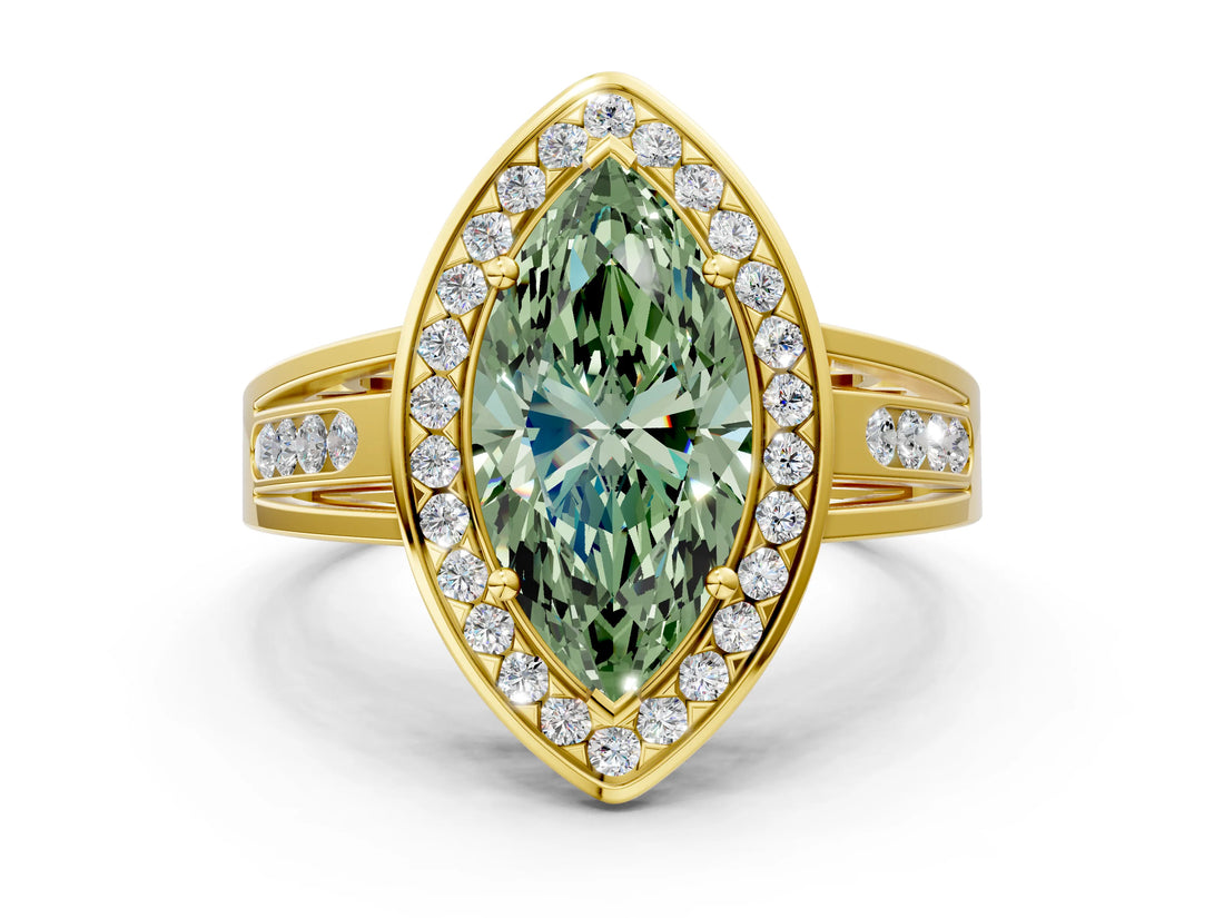 Yellow gold Fancy Green Marquise Cut Diamond Halo Ring with Split Shank and Bezel Accents and Prong Setting