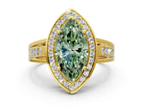 Yellow gold Fancy Green Marquise Cut Diamond Halo Ring with Split Shank and Bezel Accents and Prong Setting