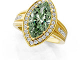 Yellow gold Fancy Green Marquise Cut Diamond Halo Ring with Split Shank and Bezel Accents and Prong Setting_1