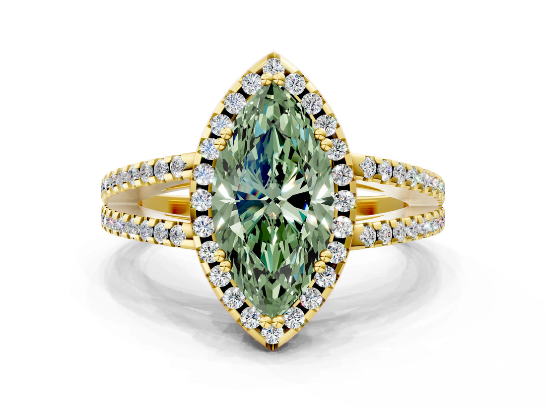 Yellow gold Fancy Green Marquise Cut Diamond Halo Split Shank Engagement Ring_39
