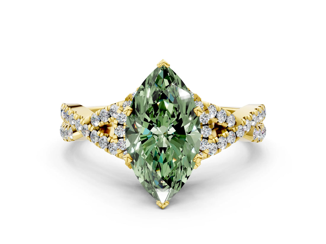 Yellow gold Fancy Green Marquise Cut Diamond  Halo Twist Band Solitaire Prong Setting Ring_48