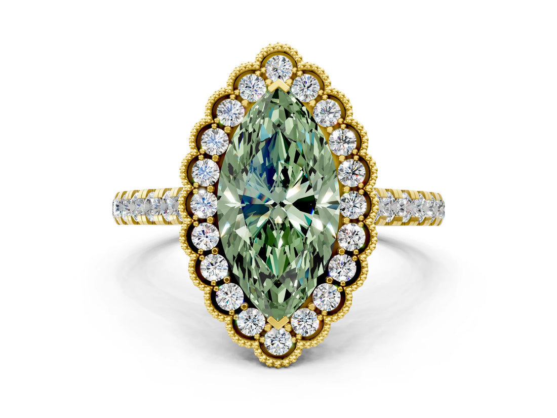Yellow gold Fancy Green Marquise  Cut Diamond Milgrain Floral Halo Engagement Ring with Pavé Band_15