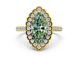 Yellow gold Fancy Green Marquise  Cut Diamond Milgrain Floral Halo Engagement Ring with Pavé Band_15