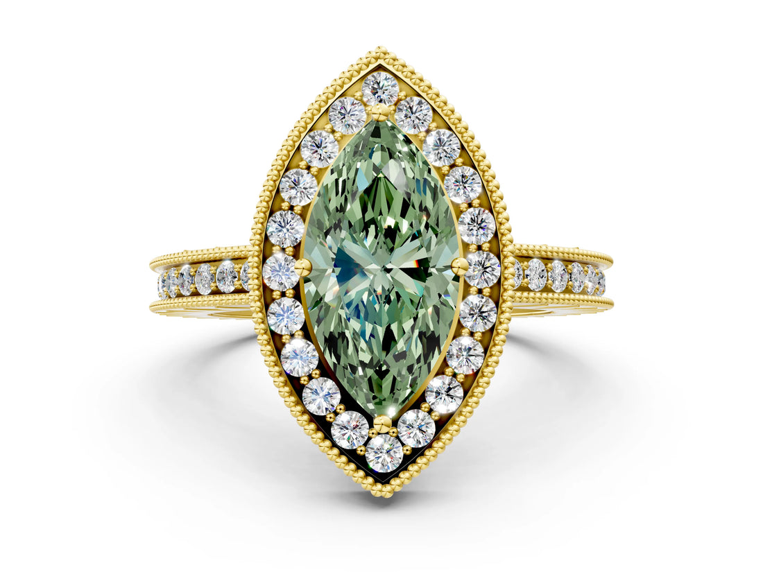 Yellow gold Fancy Green Marquise Cut Diamond Milgrain Halo Engagement Ring with Round Pavé Band and Prong Setting_12