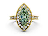 Yellow gold Fancy Green Marquise Cut Diamond Milgrain Halo Engagement Ring with Round Pavé Band and Prong Setting_12
